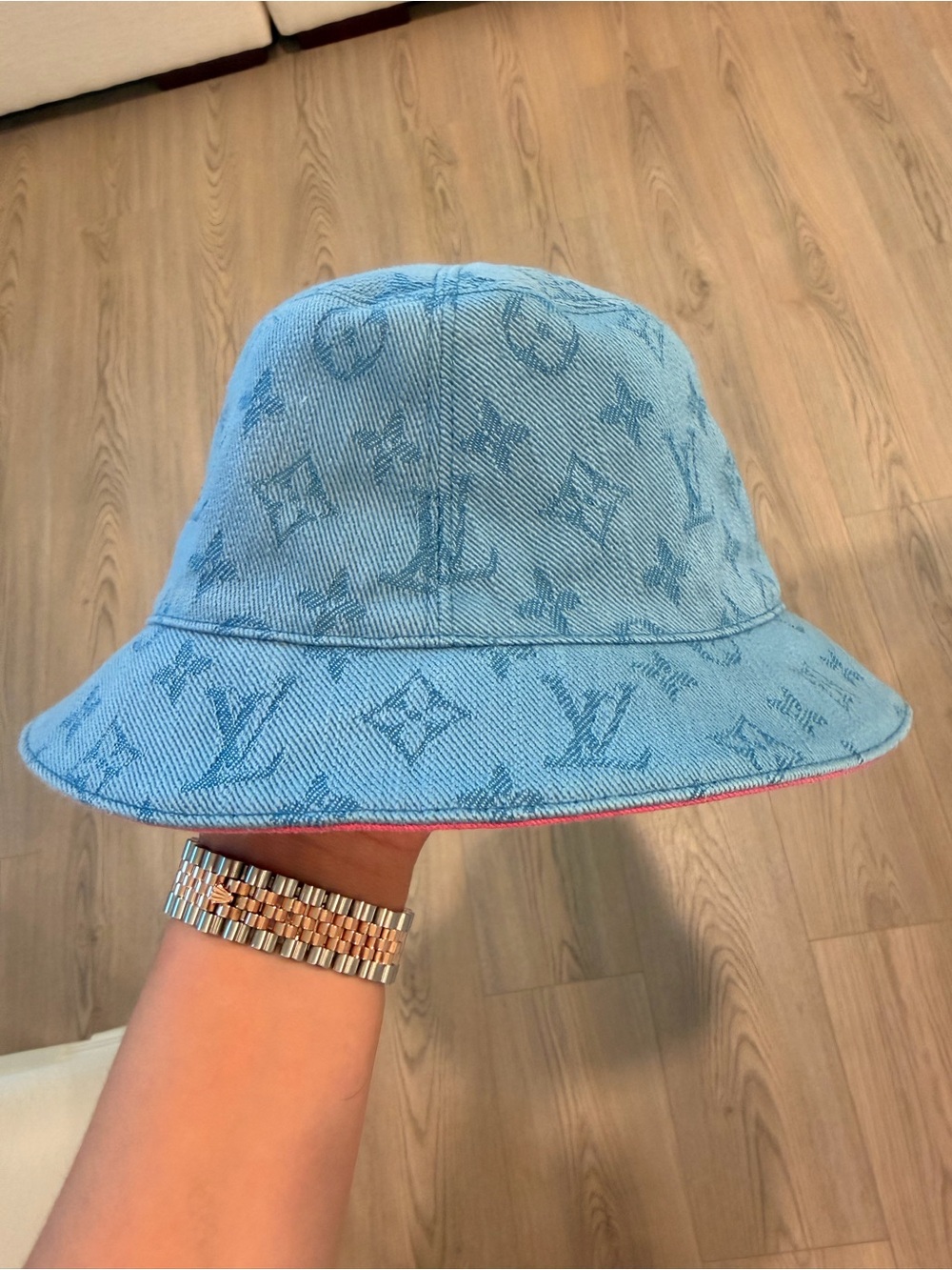 Louis Vuitton Light Blue Monogram Denim Bucket Hat with Pink Trim
